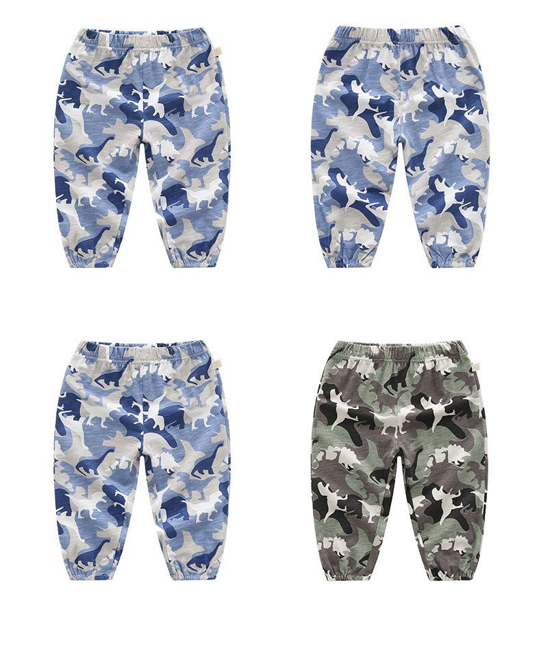 竹節棉束口長褲/防蚊褲-迷彩恐龍-藍+白