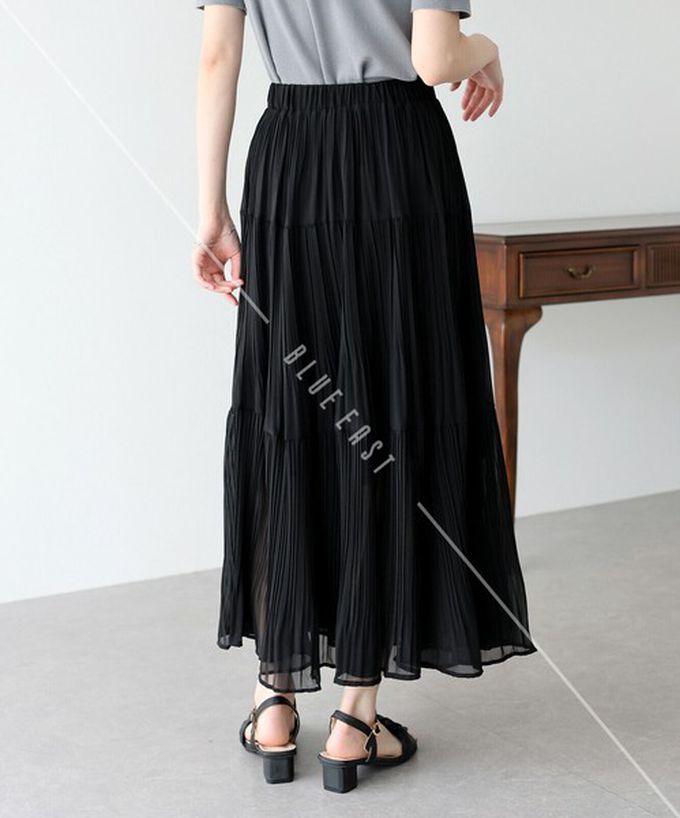 日本 BLUE EAST - 優雅細摺雪紡分層鬆緊長裙-黑 (M)