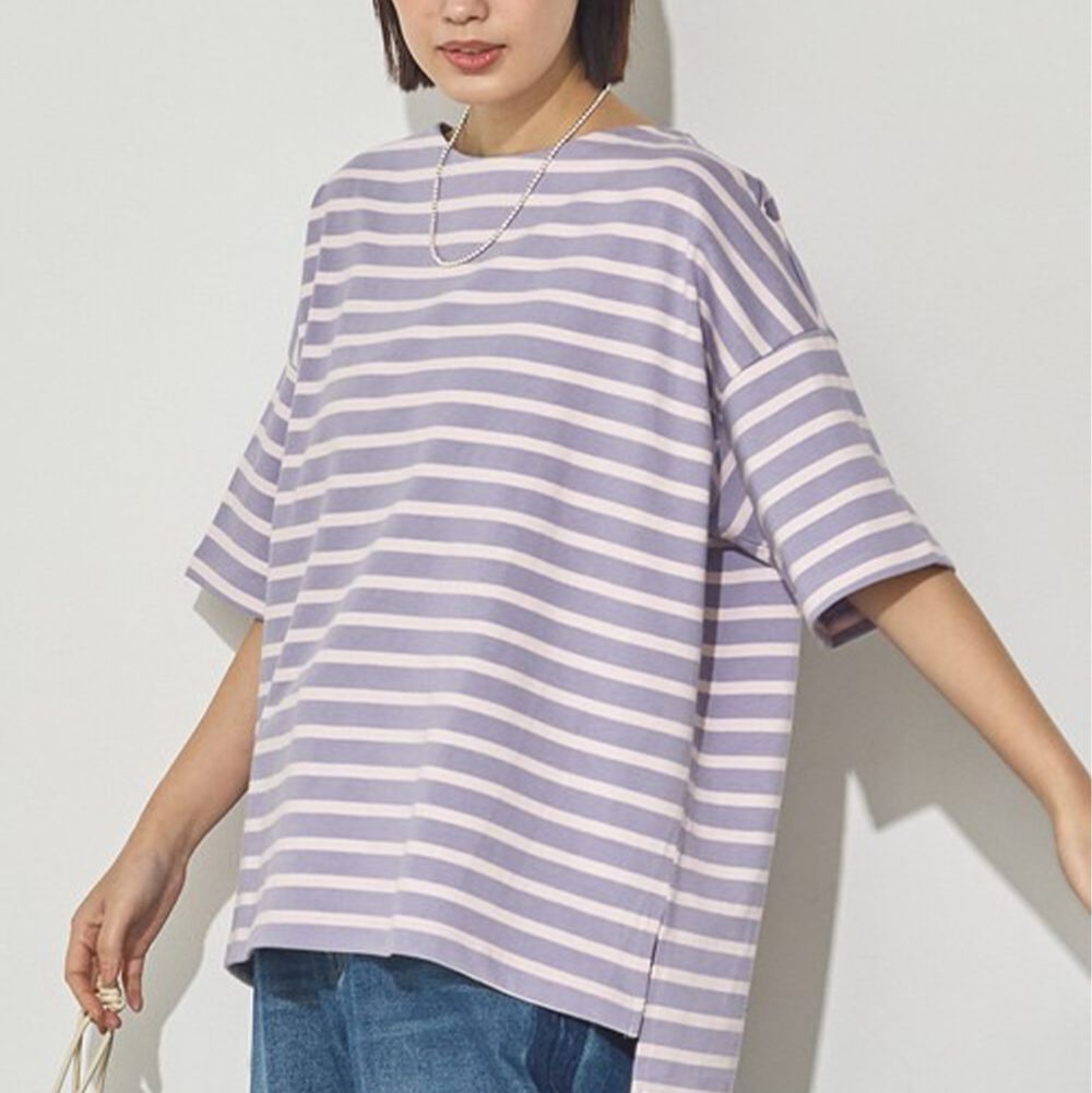 100%棉 定番條紋落肩五分袖上衣-紫x粉紅