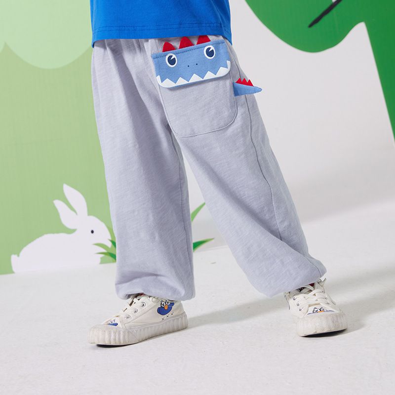 純棉立體圖樣束口長褲/防蚊褲-調皮恐龍-藍灰色