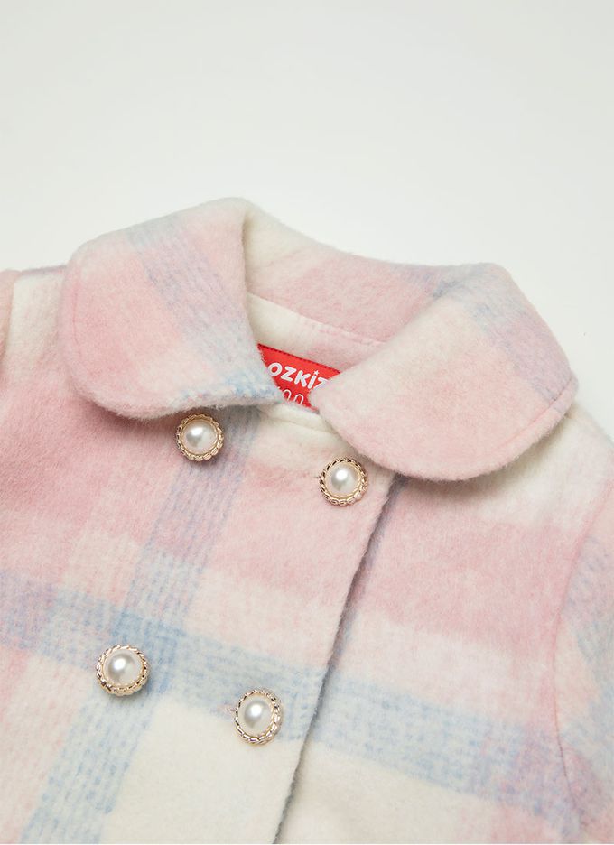 韓國 OZKIZ - (附絨毛圍巾)格紋毛料絎縫大衣外套-粉