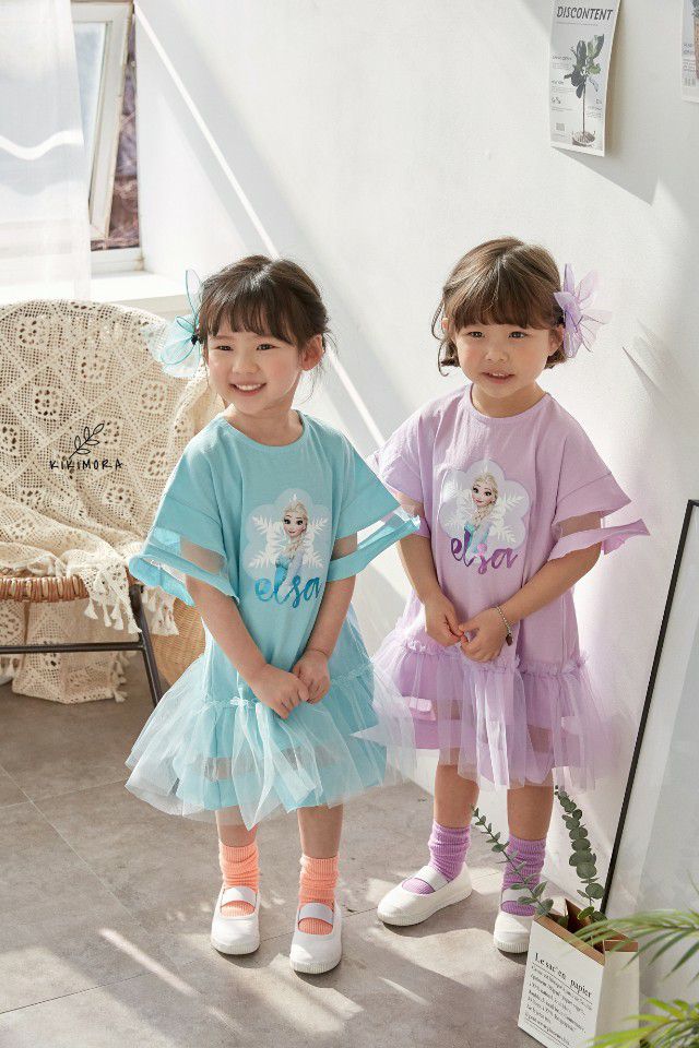 韓國 kikimora - 寬袖Elsa魚尾網紗洋裝-湖水綠