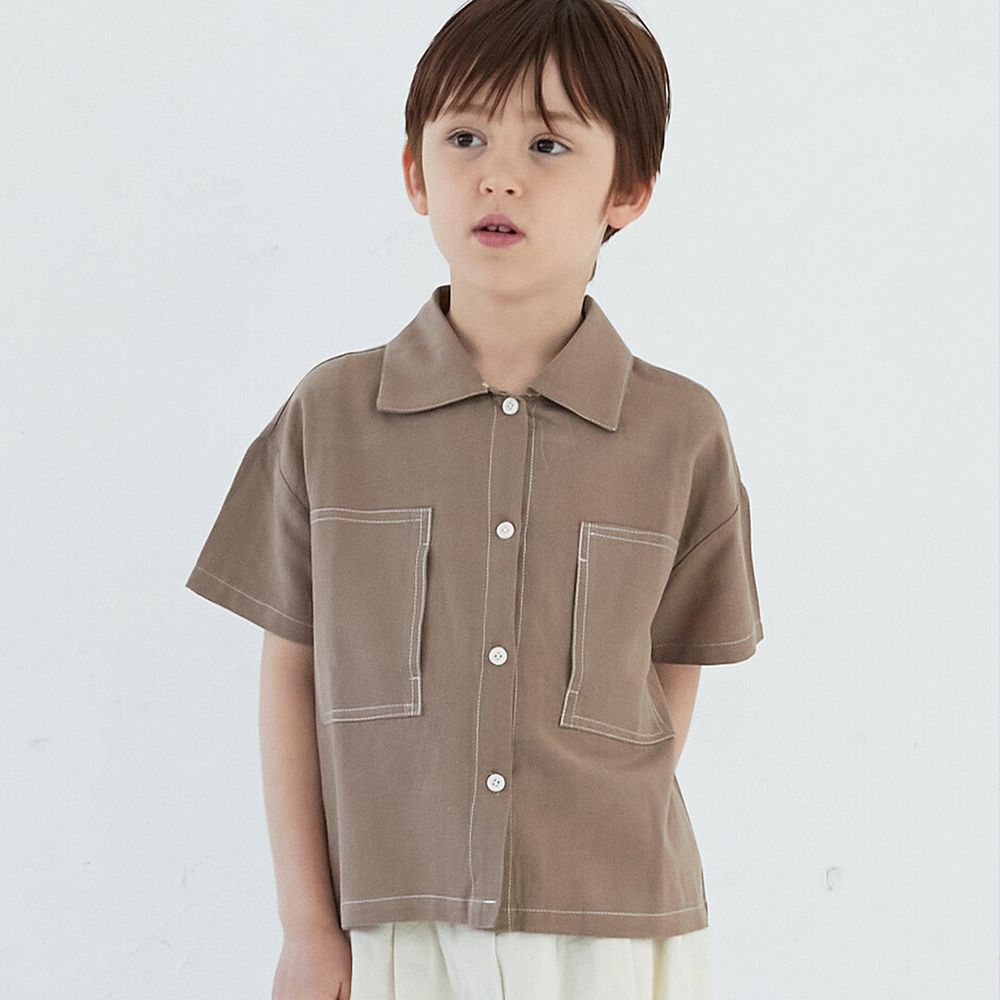 日本 riziere - 純棉復古撞色線條短袖襯衫-卡其