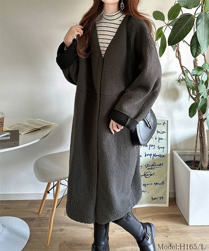 日本 Classical Elf - 溫暖毛呢休閒感無領長版外套-摩卡