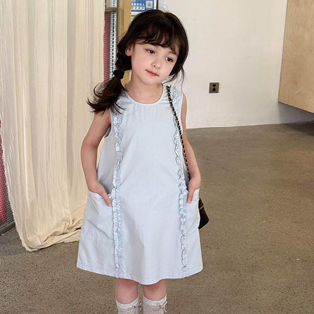 木耳花邊純棉無袖洋裝-藍色