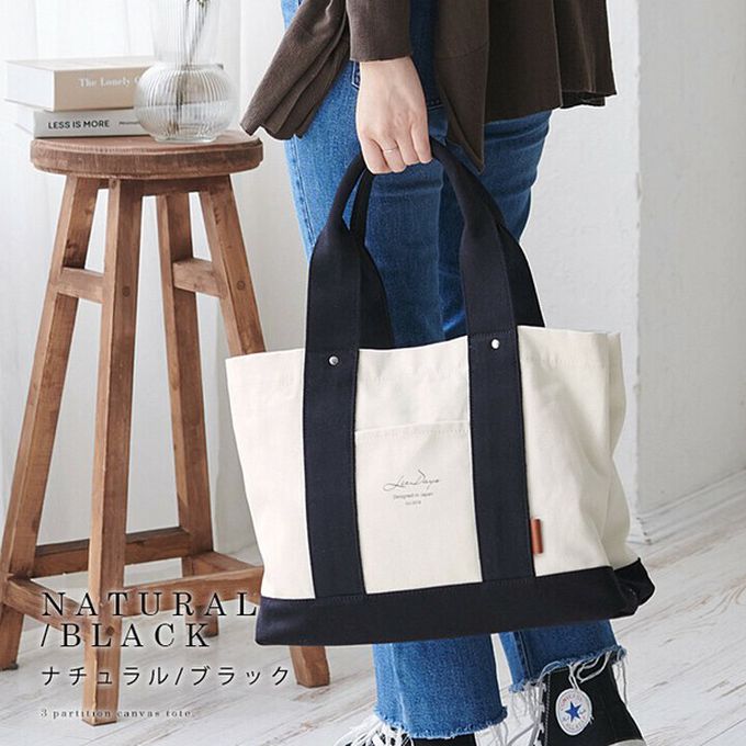 日本 LIZDAYS - 大容量多夾層帆布托特包(底部IC卡設計)-黑x斑點 (36x26x13cm)
