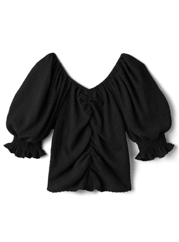 日本 GRL - V領抓皺澎澎短袖抽繩上衣-罌粟粉