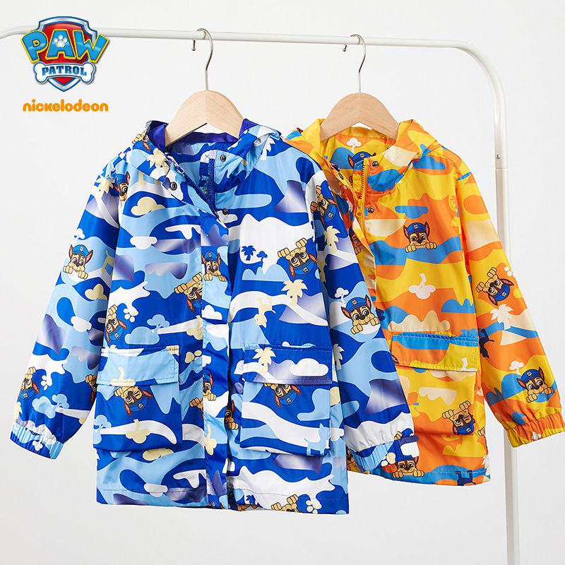 卡通汪汪隊連帽滿印衝鋒外套(單件入）-卡通人物阿奇+毛毛-紅色-不含搖粒絨內著