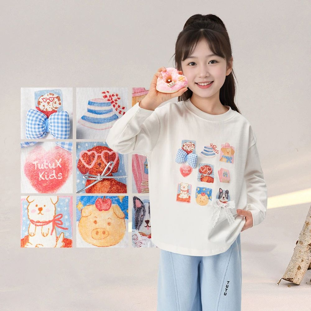 純棉印花長袖上衣-立體蝴蝶結-白色