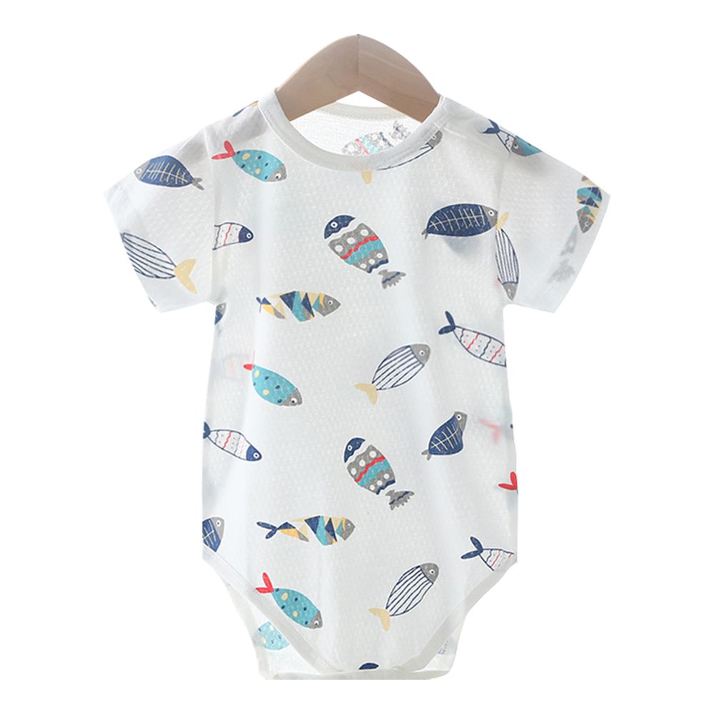 2件入-短袖包屁衣 透氣排汗 純棉連身衣-小魚+隨機1件