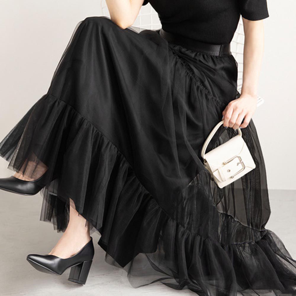 日本 GRL - 垂墜感薄紗疊層紗裙-黑色 (F)