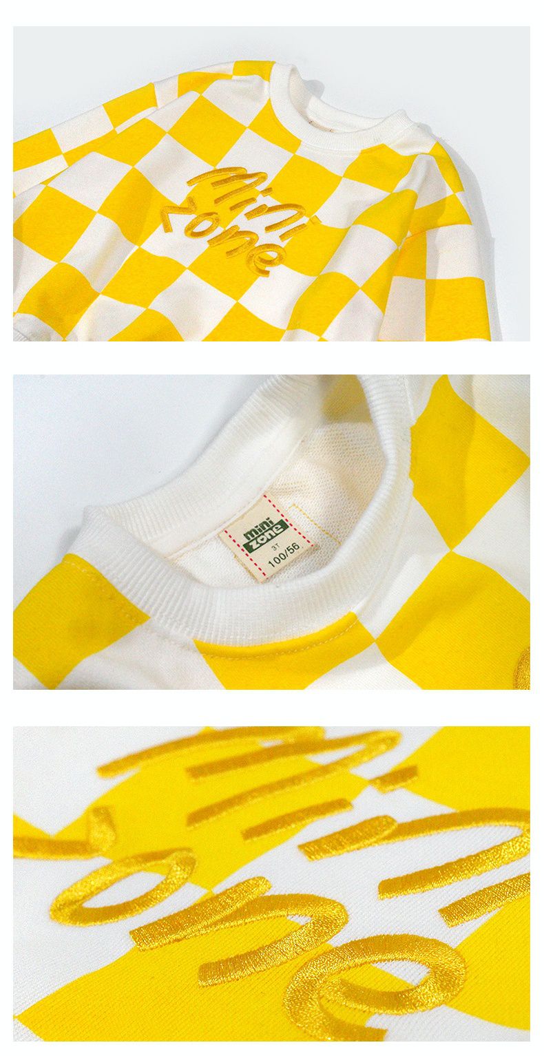 Minizone - 格紋圓領長袖上衣-英文字母-黃+白