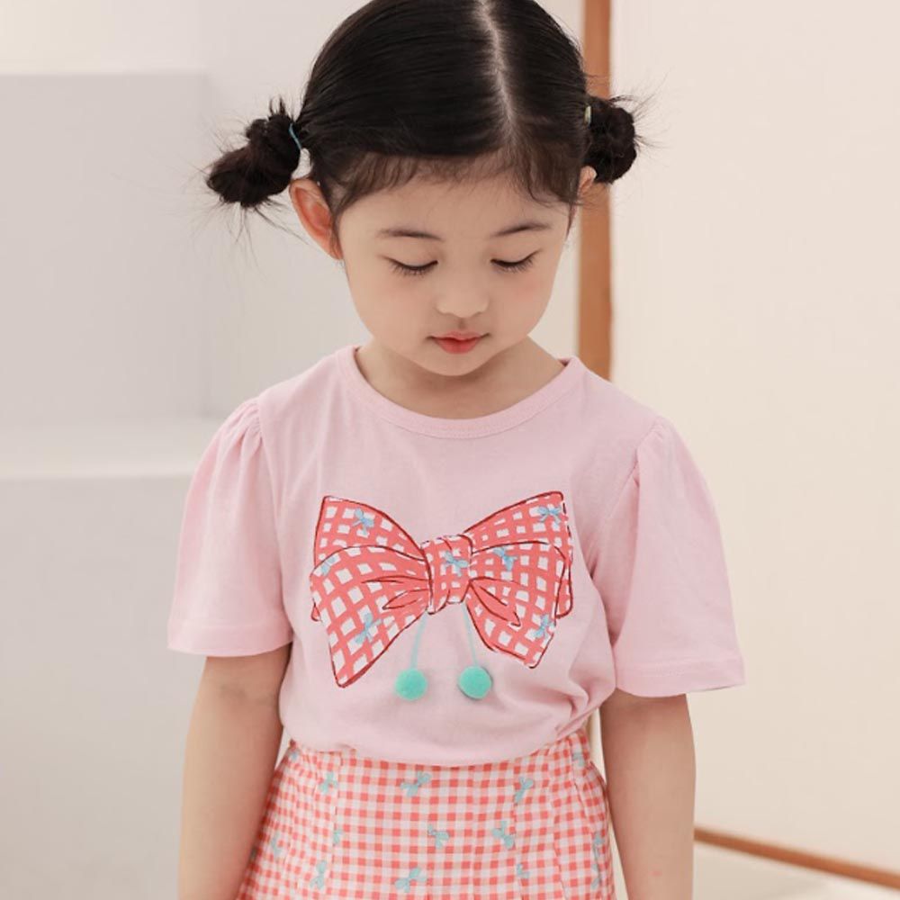 韓國 Coco rabbit - 格子蝴蝶結短袖上衣-粉紅