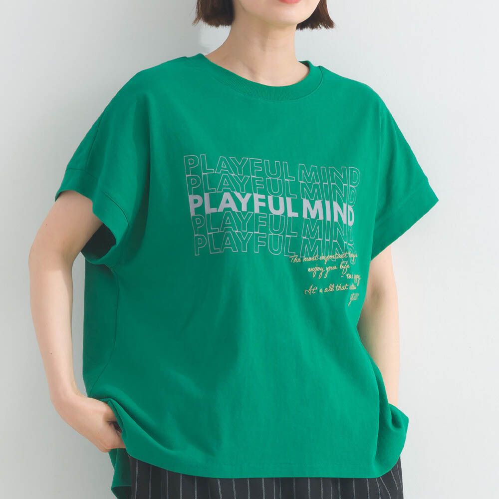 16OE天竺棉 法式英文標語短袖上衣-草綠