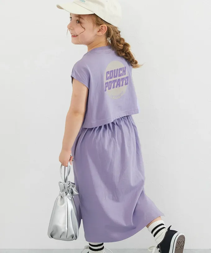 日本 devirock - 背後開口美式印花短袖洋裝-煙燻藍