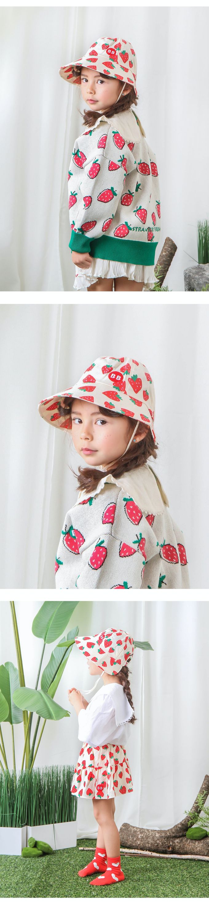 韓國 Babyblee - 正韓製愛心草莓印繫帶遮陽帽