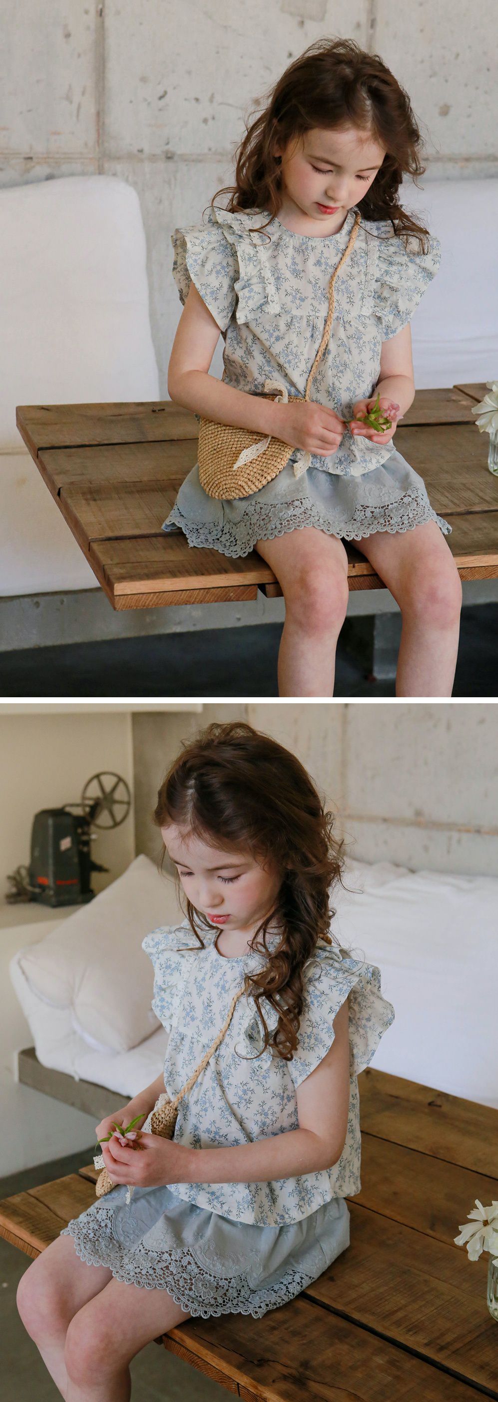 韓國 PuellaFLO - 蕾絲鏤空花瓣下襬褲裙-天藍