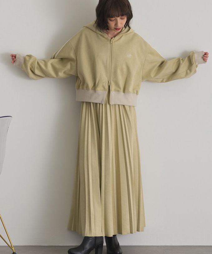 日本 ELENCARE DUE - 麂皮俐落雙拉鍊短版連帽外套-炭灰x米杏邊