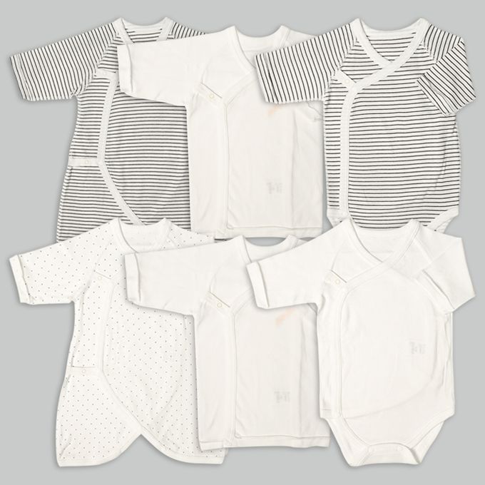 akachan honpo - 長袖新生兒內衣6件組-按扣款 橫紋-米白色 (50~60cm)