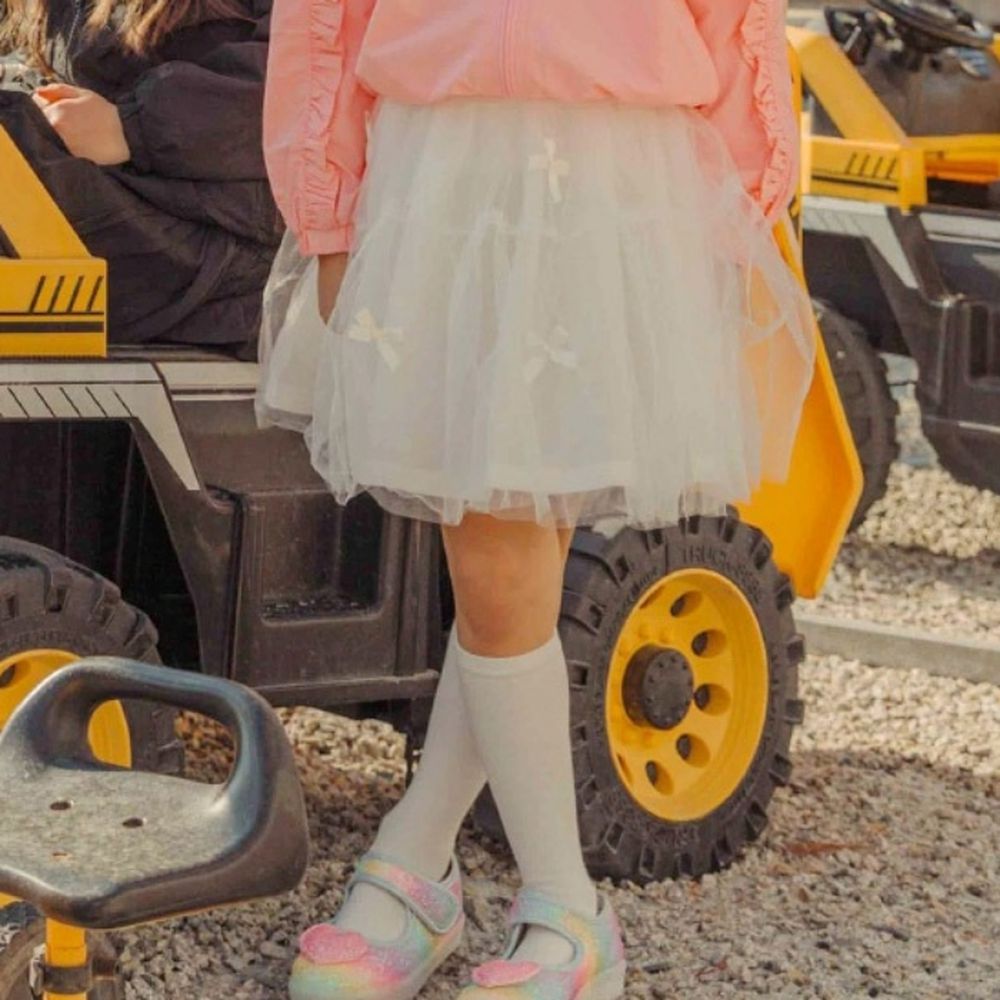 鬆緊腰蝴蝶結裝飾層次網紗蓬裙-白