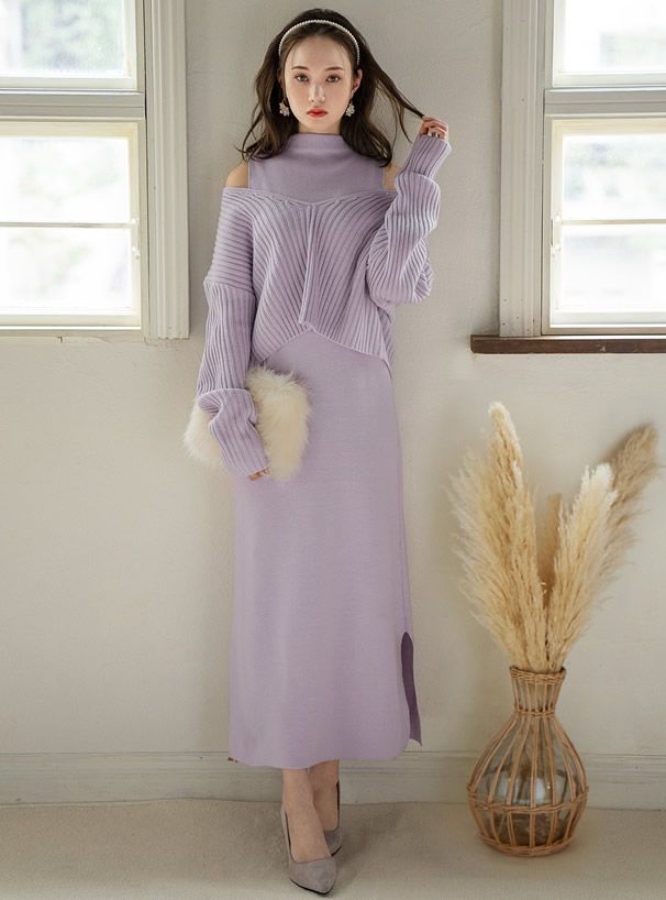 日本 GRL - V領針織上衣X無袖針織洋裝-紫