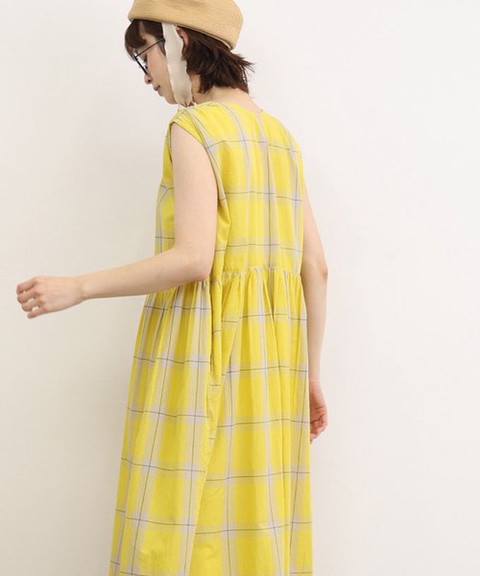 日本 Lupilien - 100%印度棉 清爽格紋開襟無袖洋裝-黃