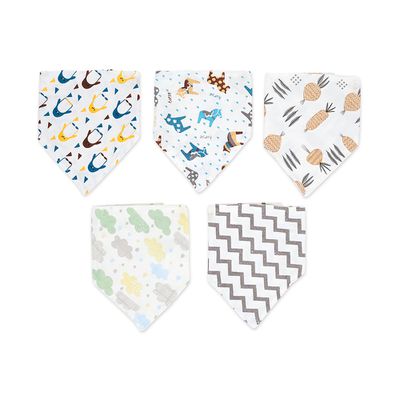 JoyNa - 5條入 嬰兒三角巾 純棉雙層按扣防水圍兜-木馬雲朵 (均碼)