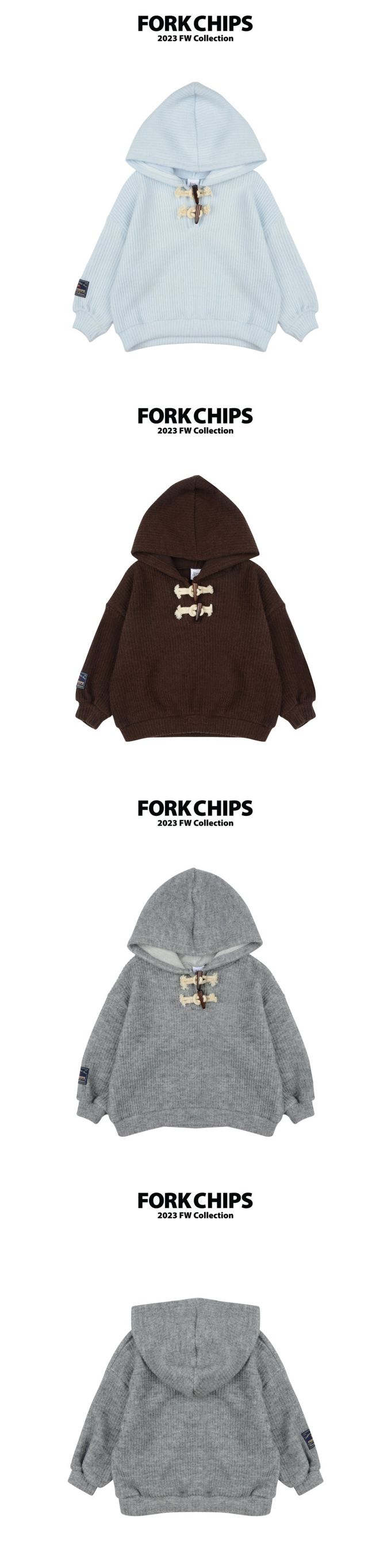 韓國 FORK CHIPS - 牛角釦裝飾拉絨連帽帽T-天藍