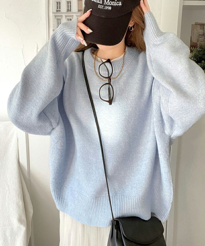 日本 Classical Elf - 溫柔圓領寬版純色針織毛衣-粉