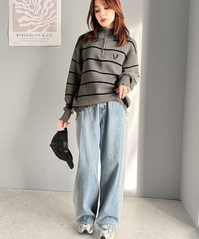 日本 Classical Elf - 半拉鍊寬版不修邊條紋針織上衣-米白