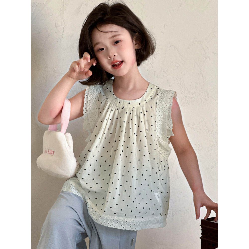 夏日浪漫波點純棉背心-蕾絲花邊-米杏