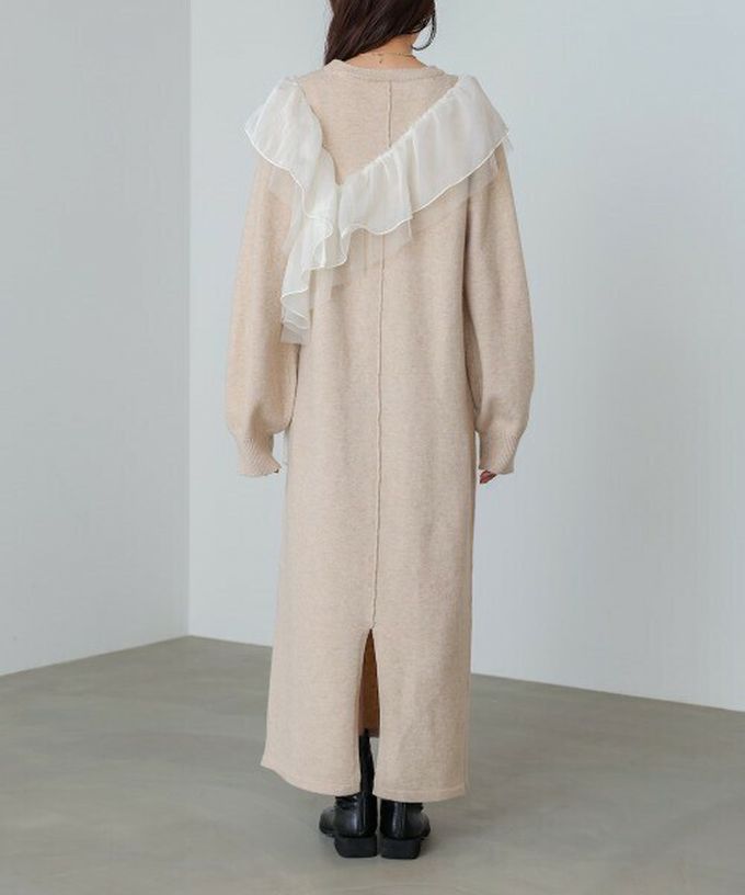 日本 Bab - 交叉薄紗荷葉柔美針織長袖洋裝-咖啡