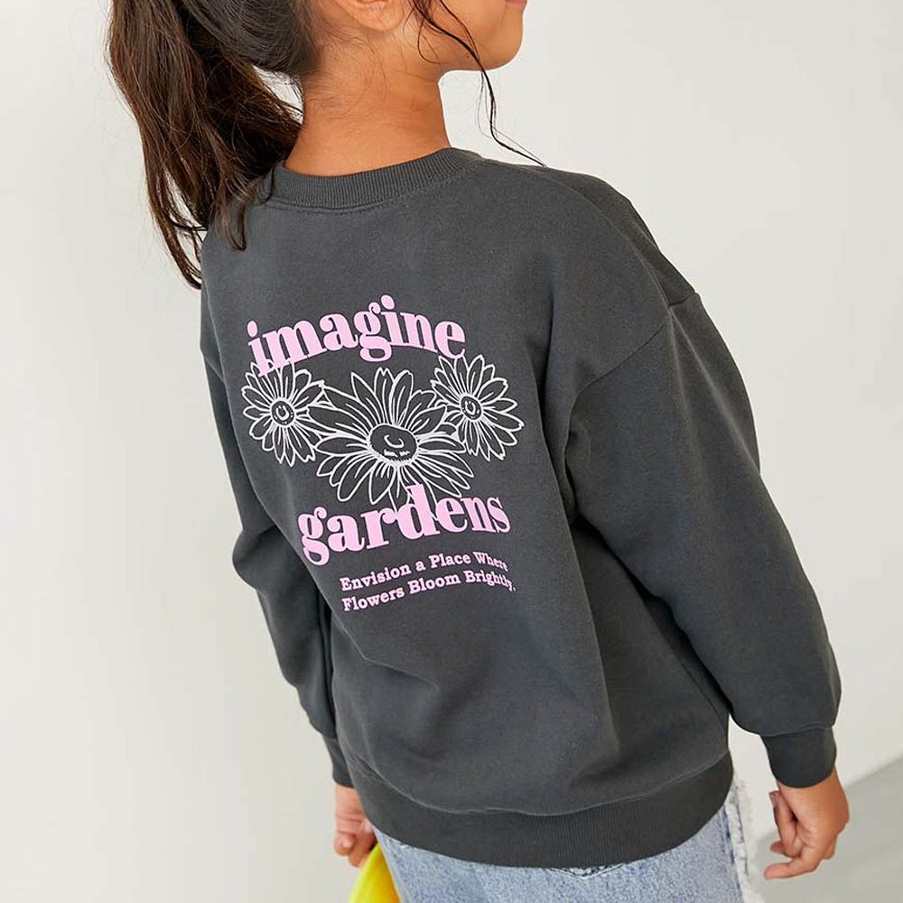 熱銷定番 女孩印花縮口長袖上衣-花朵-灰黑