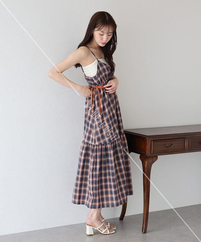 日本 BLUE EAST - 可愛格紋側蝴蝶結細肩帶洋裝-紅藍 (M)