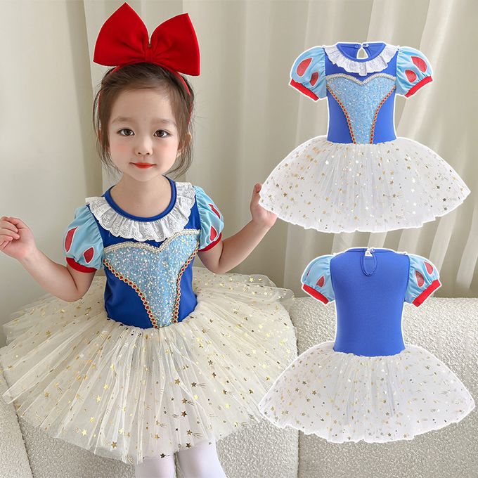 短袖造型公主裙/芭蕾舞裙-卡通人物-白雪公主-藍+奶油黃