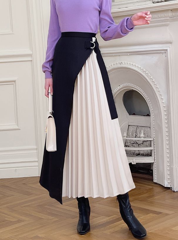 日本 GRL - 百褶拼接長裙-黑x杏