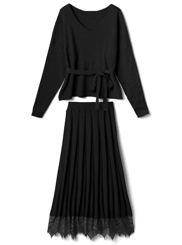 日本 GRL - V領綁帶上衣x蕾絲百褶長裙2件組-典雅黑