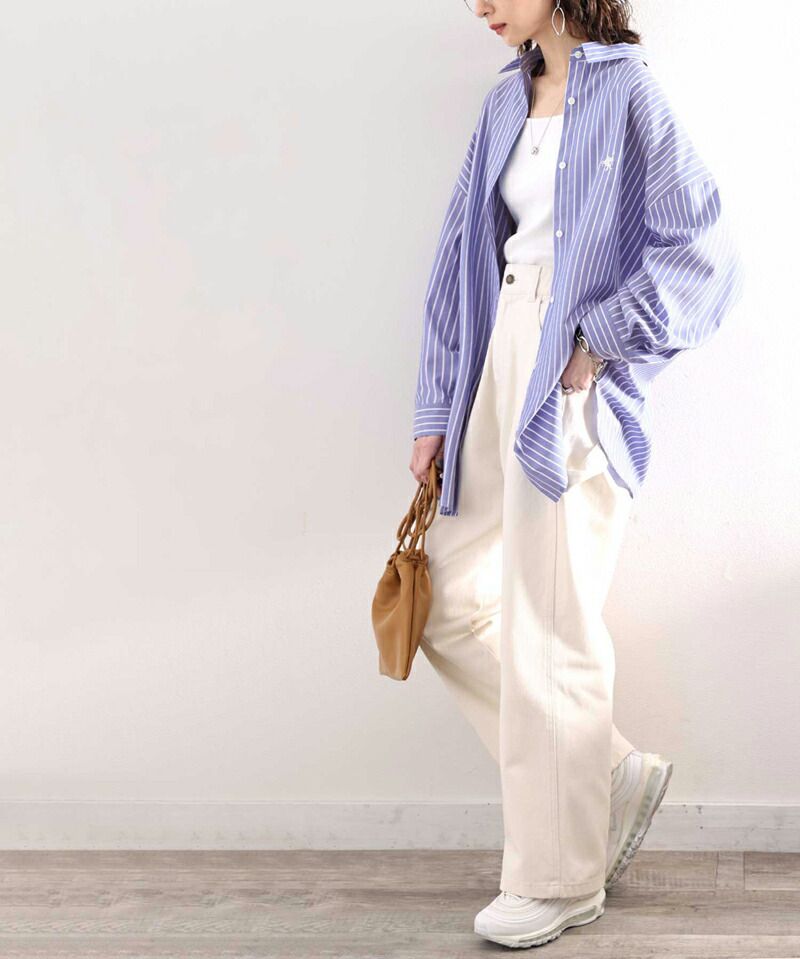 日本 Classical Elf - 胸前刺繡直條紋長袖襯衫-水藍