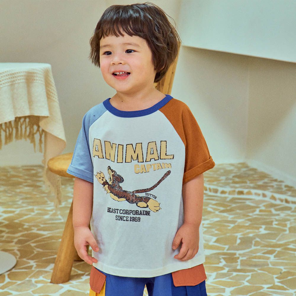 復古老虎拼色短袖上衣-米