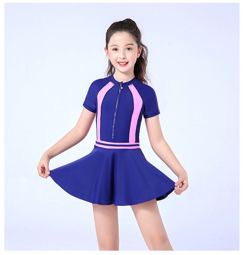 運動風短袖連身泳裝-裙子款-粉+藍