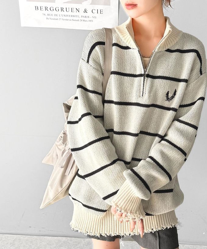 日本 Classical Elf - 半拉鍊寬版不修邊條紋針織上衣-黑