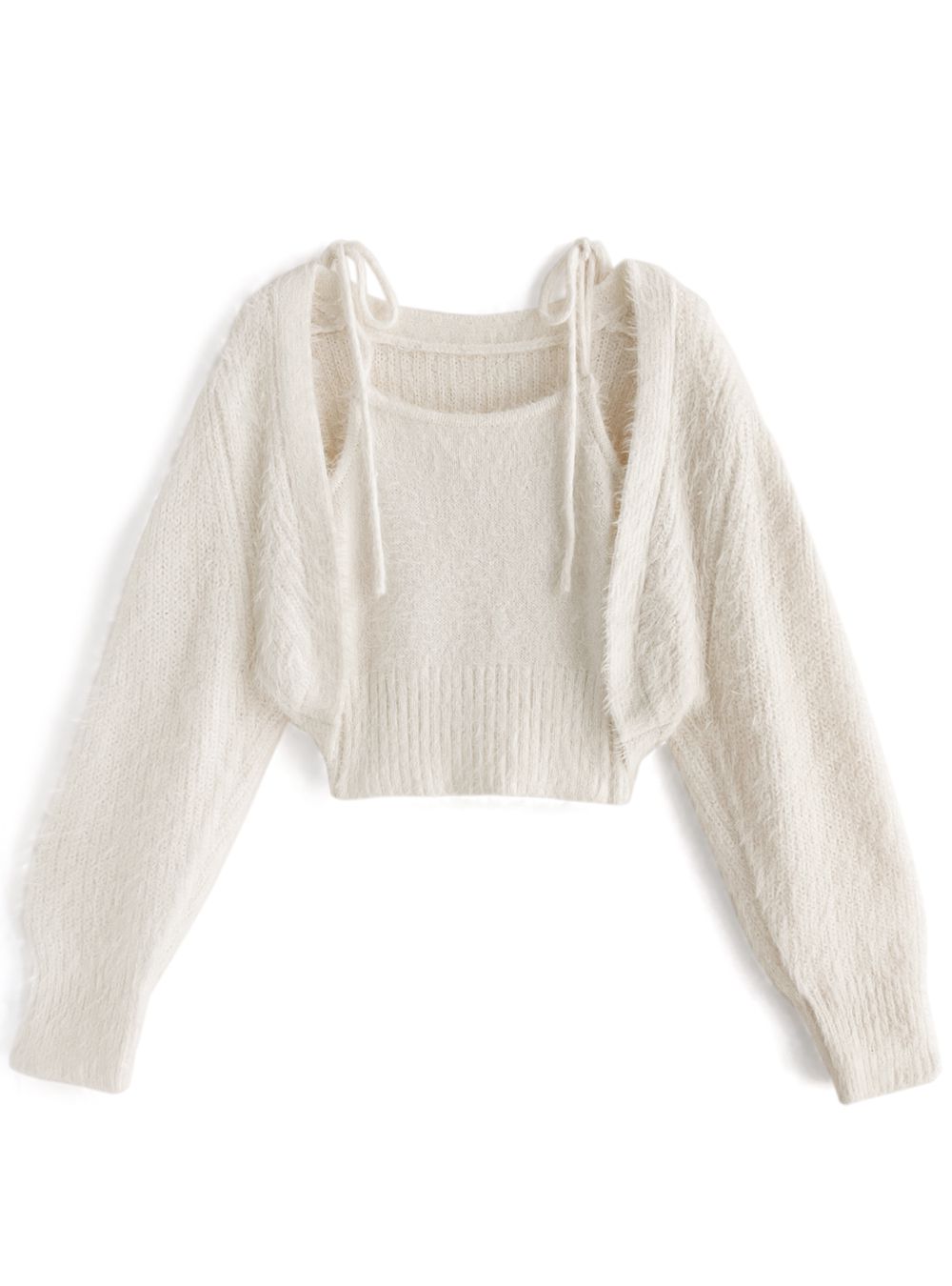 日本 GRL - 時尚毛絨綁帶背心x針織小外套兩件組-時尚黑 (F)