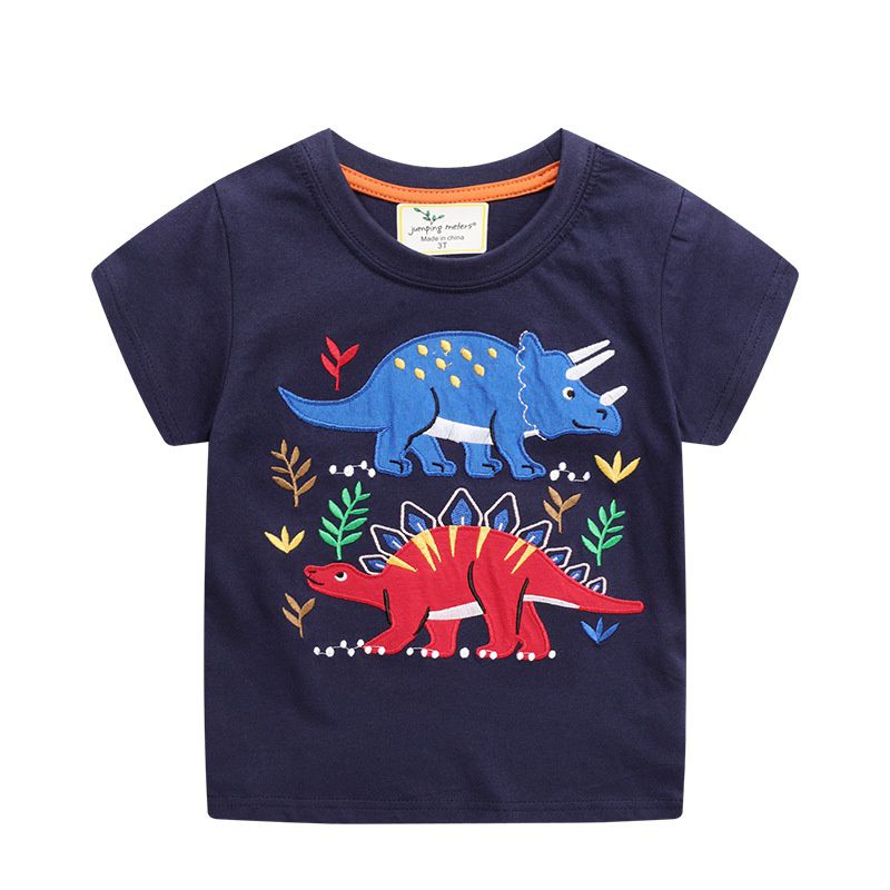 Jumping meters - 棉質圓領短袖上衣-可愛恐龍-深藍色