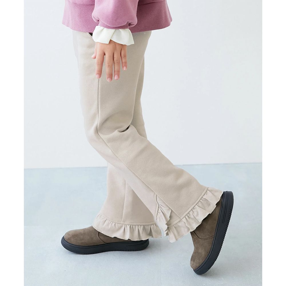 可愛設計荷葉邊裏毛長褲-下擺-灰杏