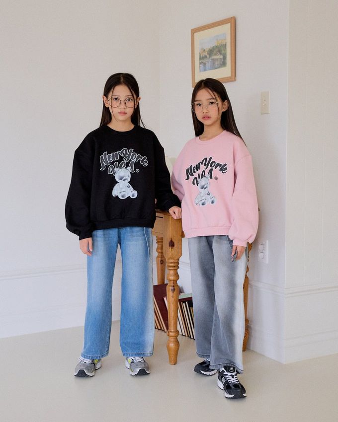 韓國 sm2 - (內磨毛)銀色小熊印長袖大學T-黑