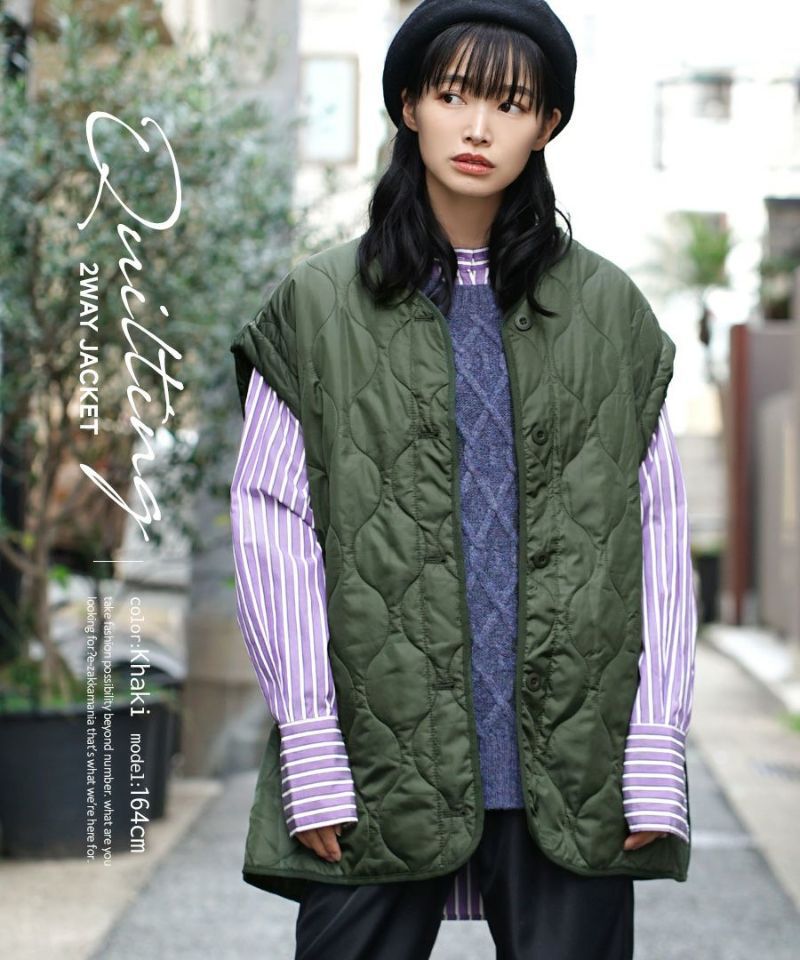 日本 zootie - 2WAY衍縫落肩鋪棉保暖外套/背心(袖可拆)-軍綠