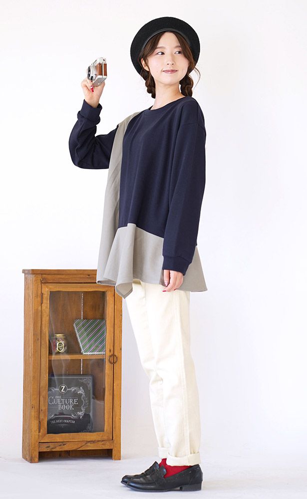 日本 zootie - 設計感不規則撞色拼接長T-灰