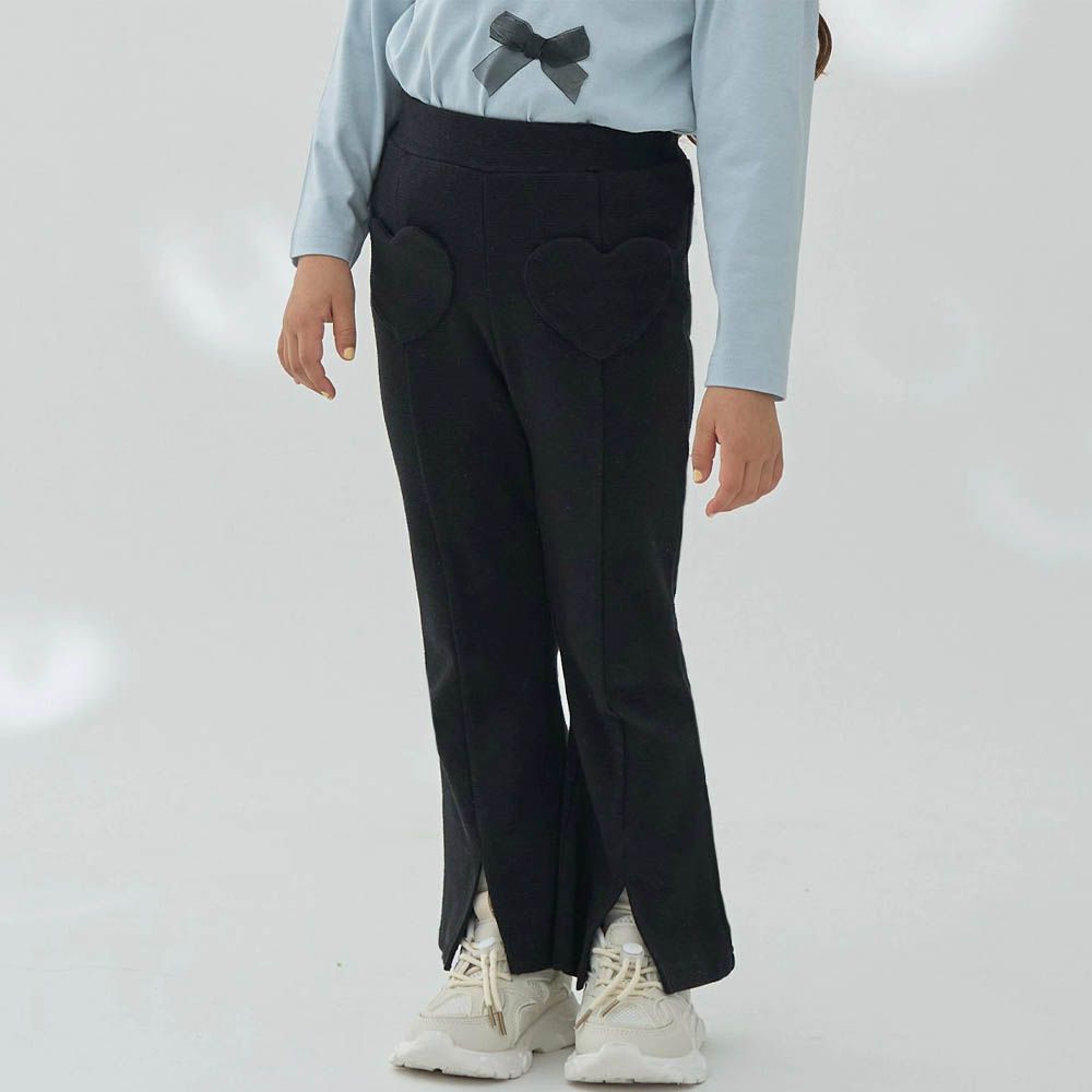 愛心口袋開衩微喇叭長褲-黑