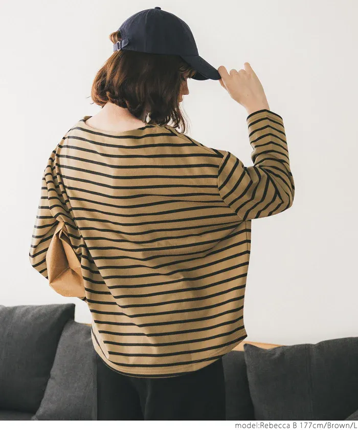 日本 COCA - [熱銷推薦] 百搭船領薄長袖上衣-條紋-灰x白