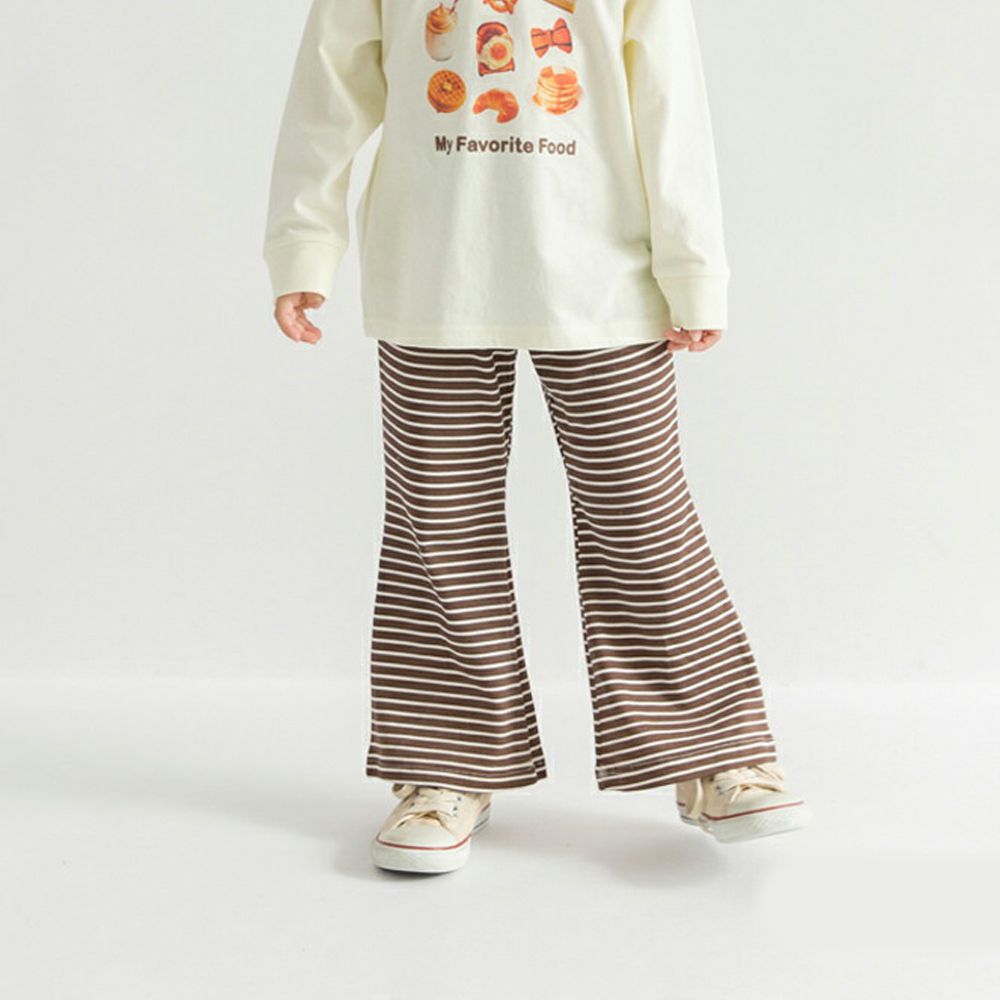 彈性羅紋百搭薄款喇叭褲-條紋-咖啡